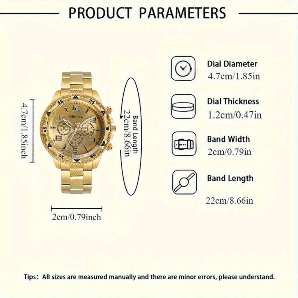 2026 Men's Business Watch Steel Strip Quartz Watch Multi functional Digital Scale Three eye Watch Set Qme