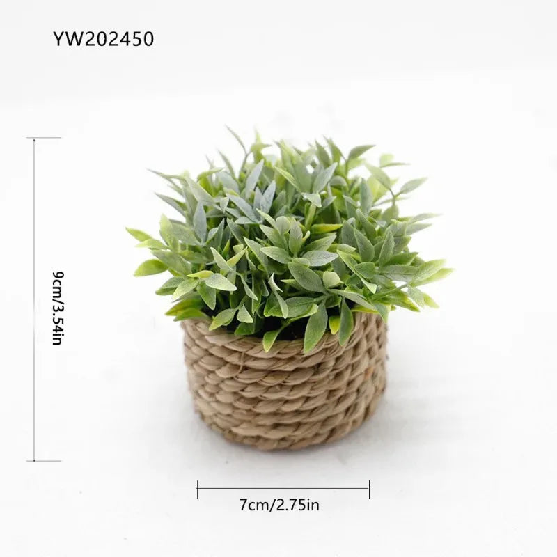 Mini PE Artificial Eucalyptus Plant Green Fake Potted Grass With Woven Pot Home Office Desktop Party Decor Holiday Gift Qme A 10-11cm