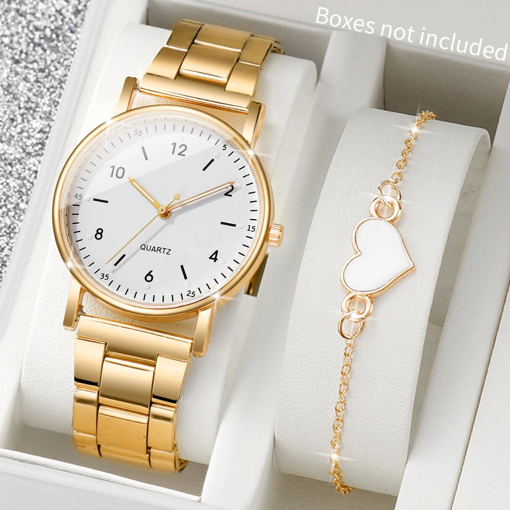 4Pcs Women’s Gold Quartz Watch Set, Minimalist Round Dial Steel Band Wrist Watch with Heart Pendant Bracelet Jewelry Gift Kit Qme 2PCS White No Box