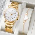 4Pcs Women’s Gold Quartz Watch Set, Minimalist Round Dial Steel Band Wrist Watch with Heart Pendant Bracelet Jewelry Gift Kit Qme 2PCS White No Box