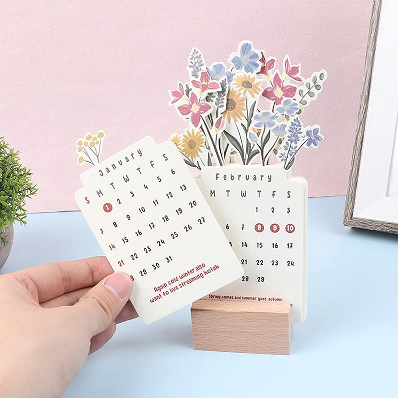 2026 Bloomy Flowers Mini Calendar Standing Desk Vase-like Desktop Qme