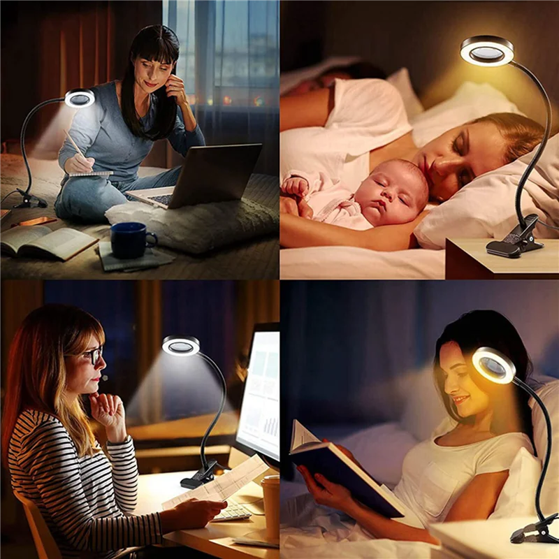 A02F-48 LED Desk Lamp Clip With 5X Magnifying Glass Light 360° Adjustable 3 Modes LED Desk Light For Bed Desk Work Crafts-2PC Qme
