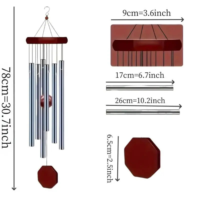 Wind Chime Octagonal Wood Hang Tag 6 Metal Tubes Courtyard Corridor Qme one size