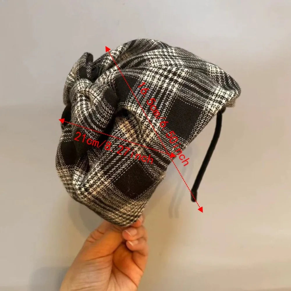 Retro Vintage Half-cap Headband Elegant Checkered Bowknot Headwear Qme