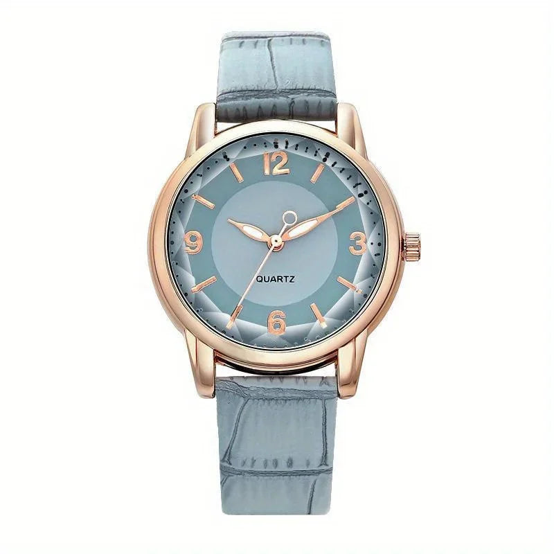 Casual Round Pointer Quartz Watch Ladies Fashion Analog PU Leather Wristwatch For Women Girls Students Qme Blue No