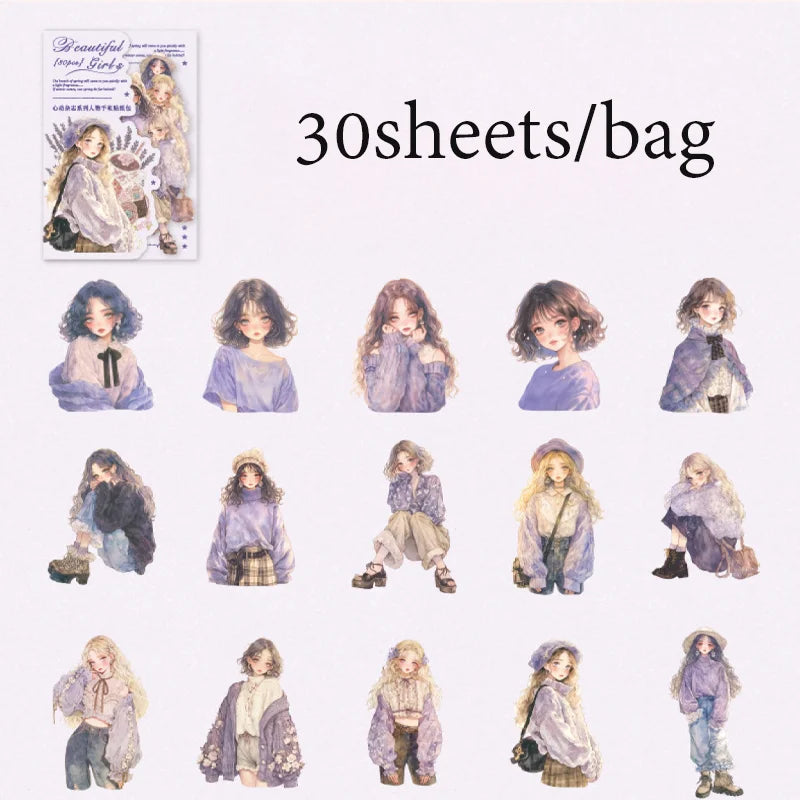 30 Sheets/Bag Korean Cute Girl PET Stickers Pack for Scrapbook Journal DIY Planner Phone Case Notebook Decoration Craft Gift Qme 2