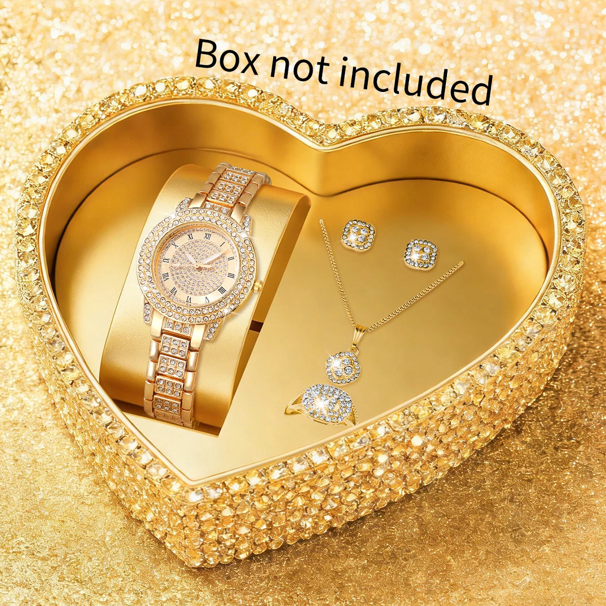 5PCS Luxury Women Roma Dial Quartz Watch Fashion Diamond Ladies Wristwatch Jewelry Set Reloj Mujer Girls Clock (Without Box) Qme 5PCS Gold No Box
