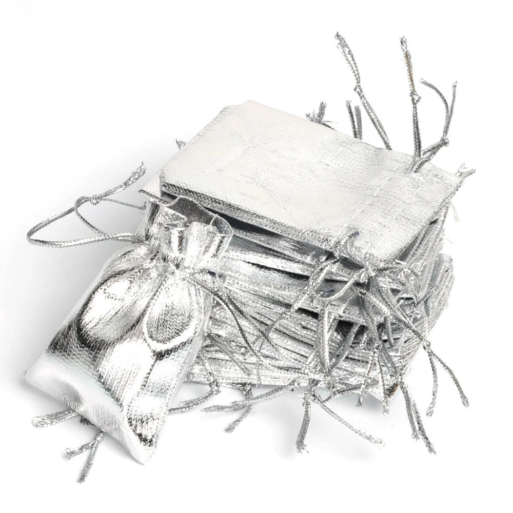 50pcs 5x7cm 7x9cm 9x12cm Metallic Foil Jewelry Packing Silver/Gold Color Drawstring Bag,Wedding Gift Candy Bags&Pouches Qme Silver 5 7cm
