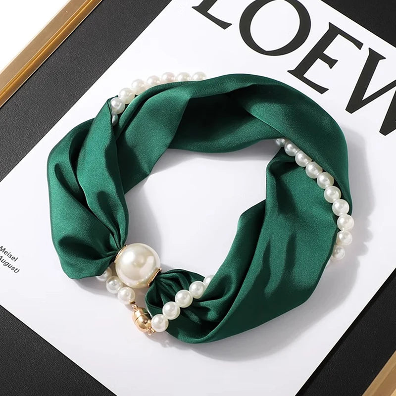 Magnetic Narrow Elegant Satins Neck Scarf Wrap Pearls Chain Necklace Qme Fruit Green