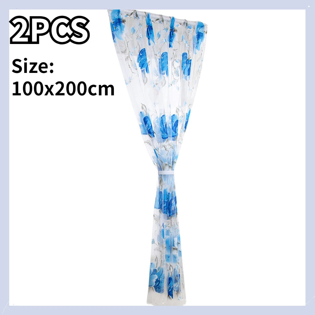 1/2 PCS Vines Leaves Tulle Door Window Curtain Drape Panel Sheer Scarf Valances Colorful Floral Pattern Transparent Curtains Qme Blue 1