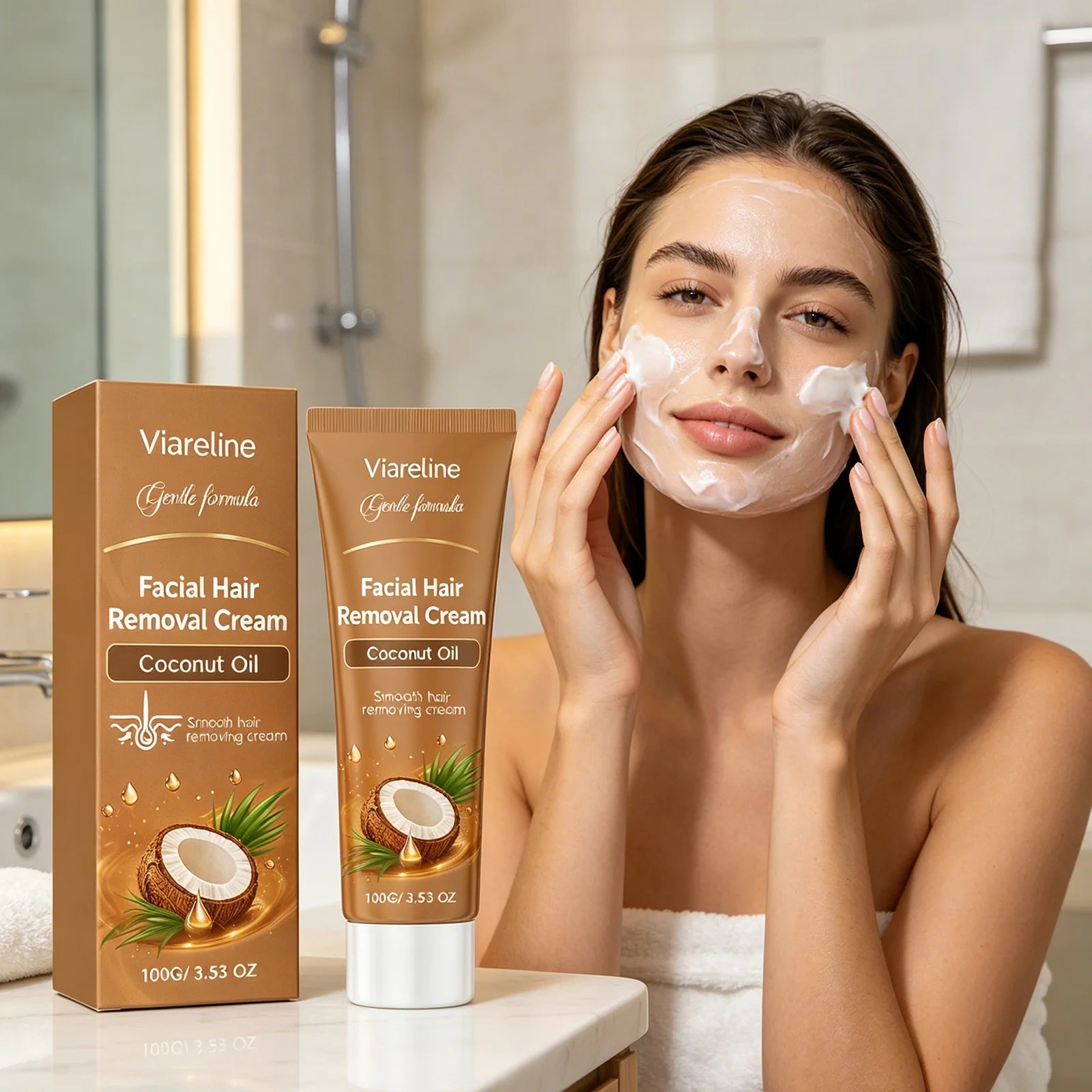 Viareline Facial Hair Removal Cream Painless Hairs Growth Inhibitor Smooth Skin Care Coconut Oil Face Hydrating Depilatory Cream Qme