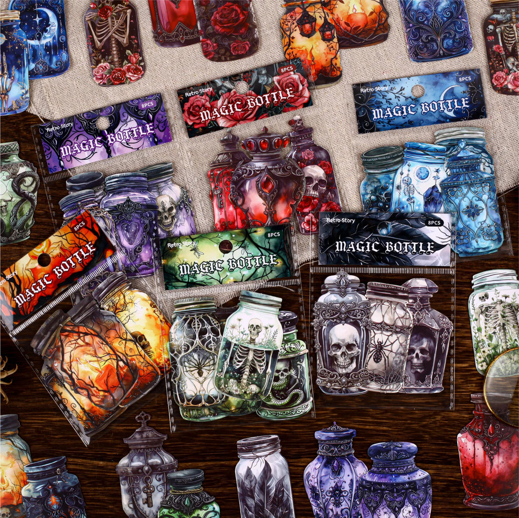 8 Sheets Magic Bottle Theme Stickers for DIY Scrapbooking Guitar Phone Case Notebook Decoration Craft Art Supplies Qme