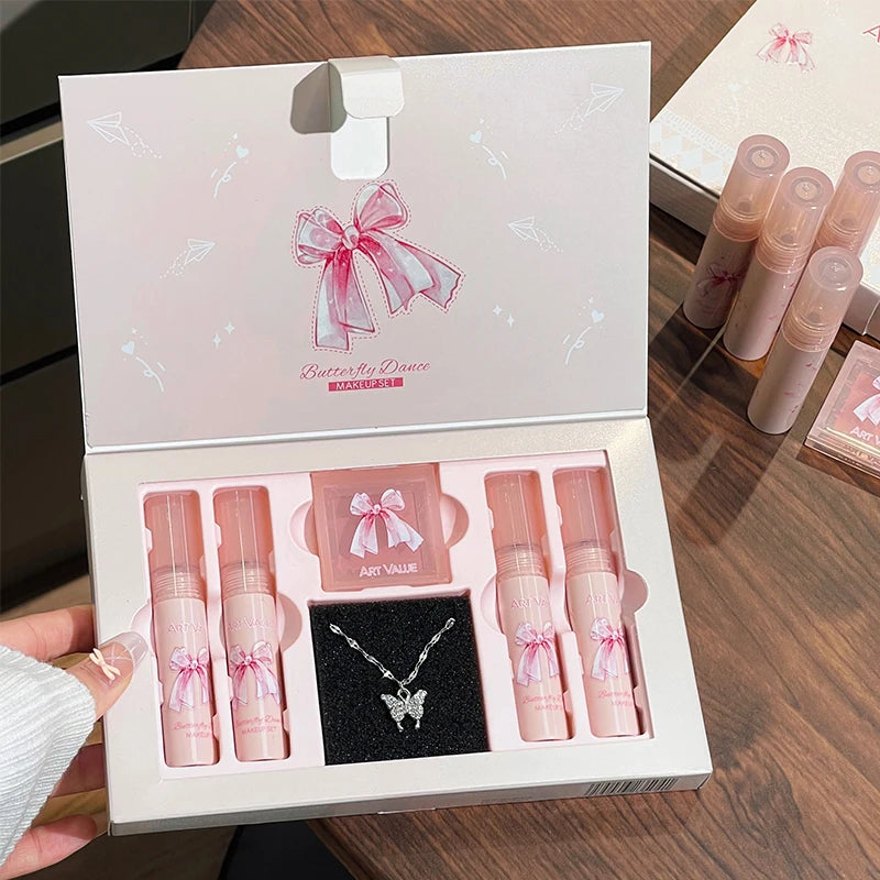 6Pcs/Box Matte Lipstick Set Lips Makeup Velvet Nude Lip Gloss Moisturizing Lip Glaze Face Blush Palette Makeup Set Necklace Gift Qme