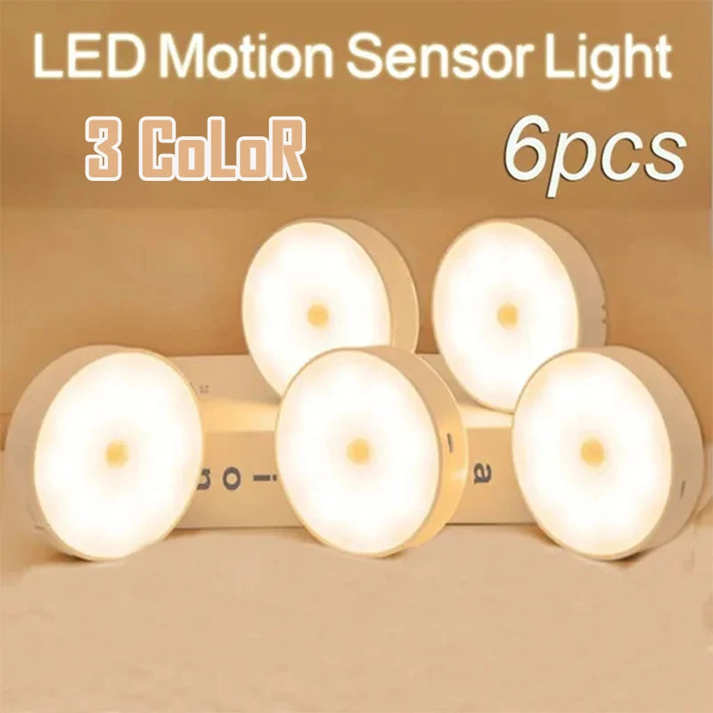 2~6 Pack Motion Sensor LED Night Light USB Rechargeable 3 Color Night Lamp Cabinet Wardrobe Lamp Staircase Wireless Closet Light Qme