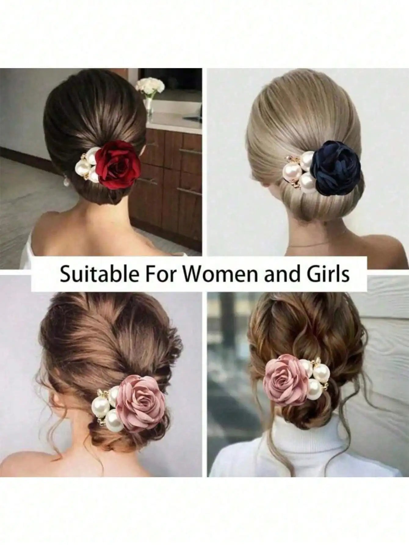 Pearl Rose Flower Hair Accessory Camellia Rope Ring Diamond Studded Qme