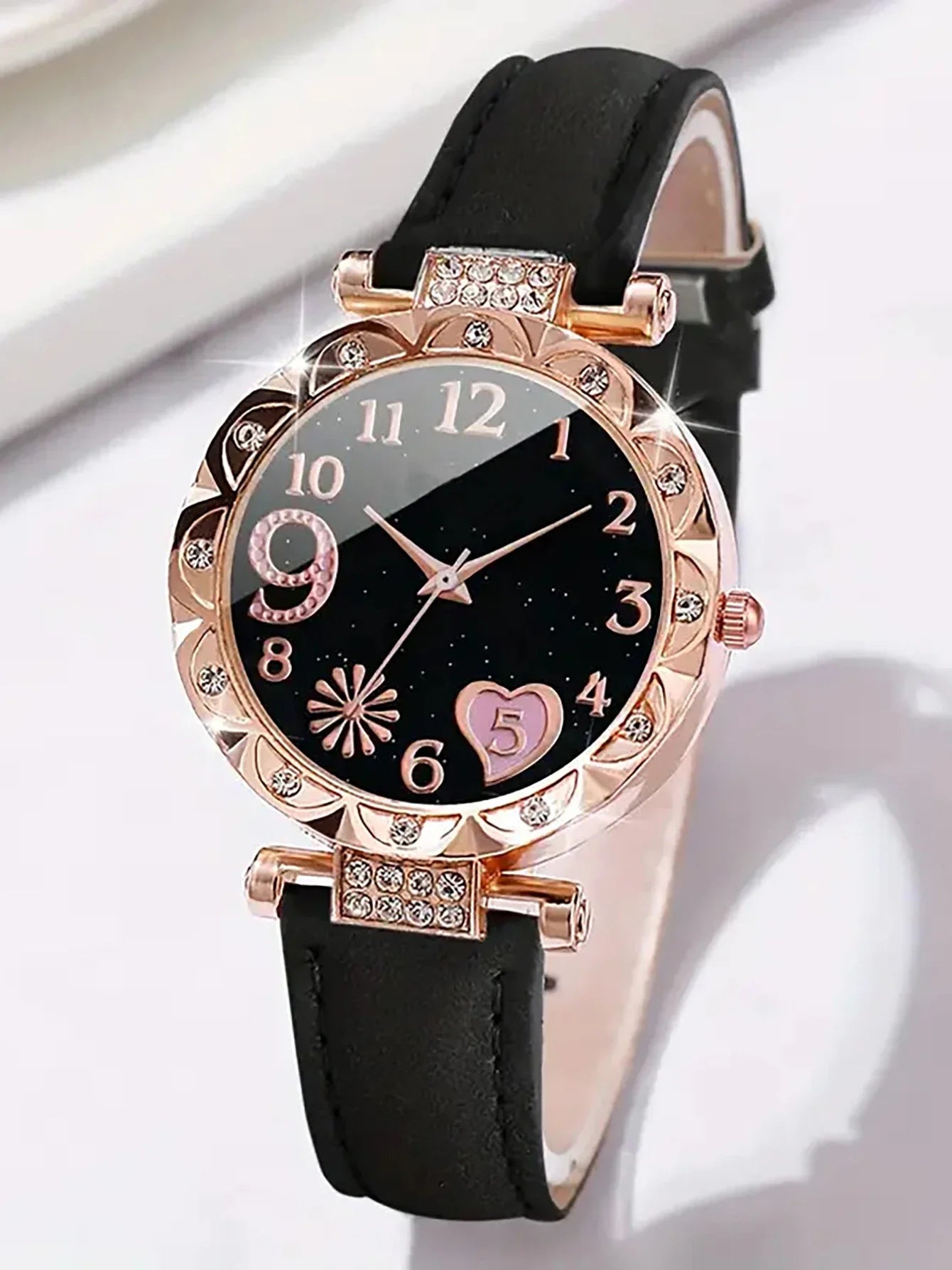 6PCS Women's Fashion Quartz Watch Luxury Pink Leather Band Analog WristWatch Ladies Watch Women Dress Bracelet Set Clock Qme