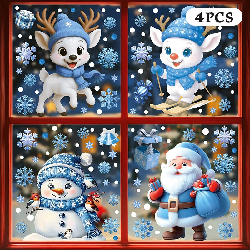 Blue Christmas Window Clings-Static Sticker Set With Bells, Reindeer, Santa, Snowflakes & Snowman For Holiday Party Decor Qme A7