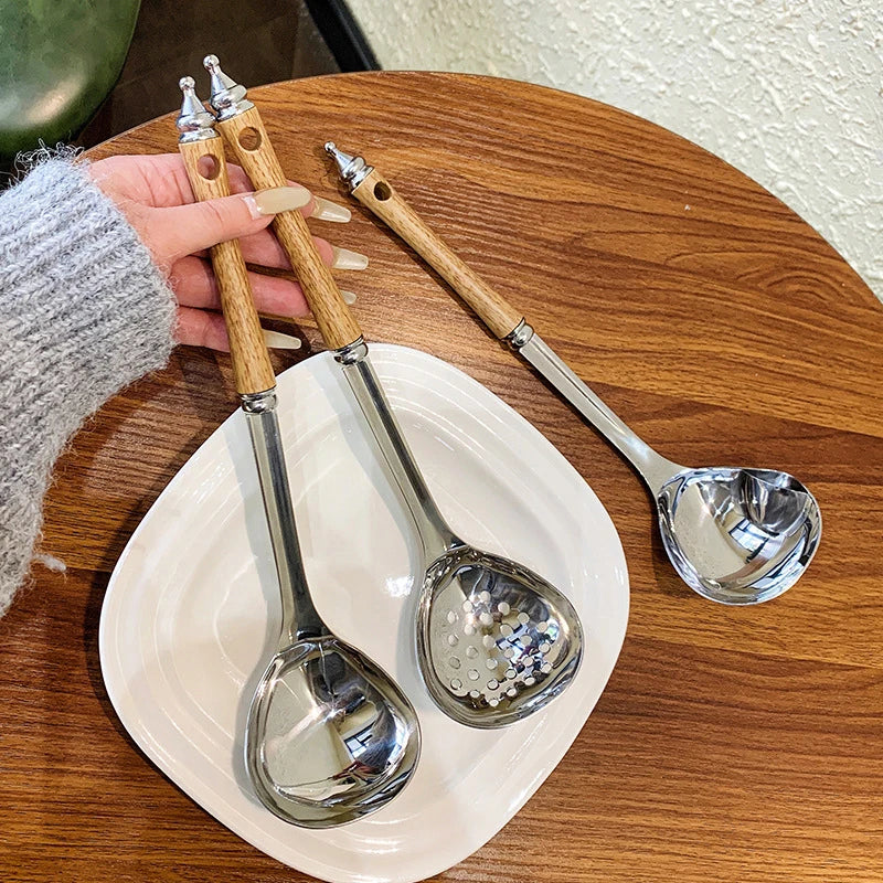 Stainless Steel Wooden Handle Soup Spoon Strainer Household Pot Ladle Qme