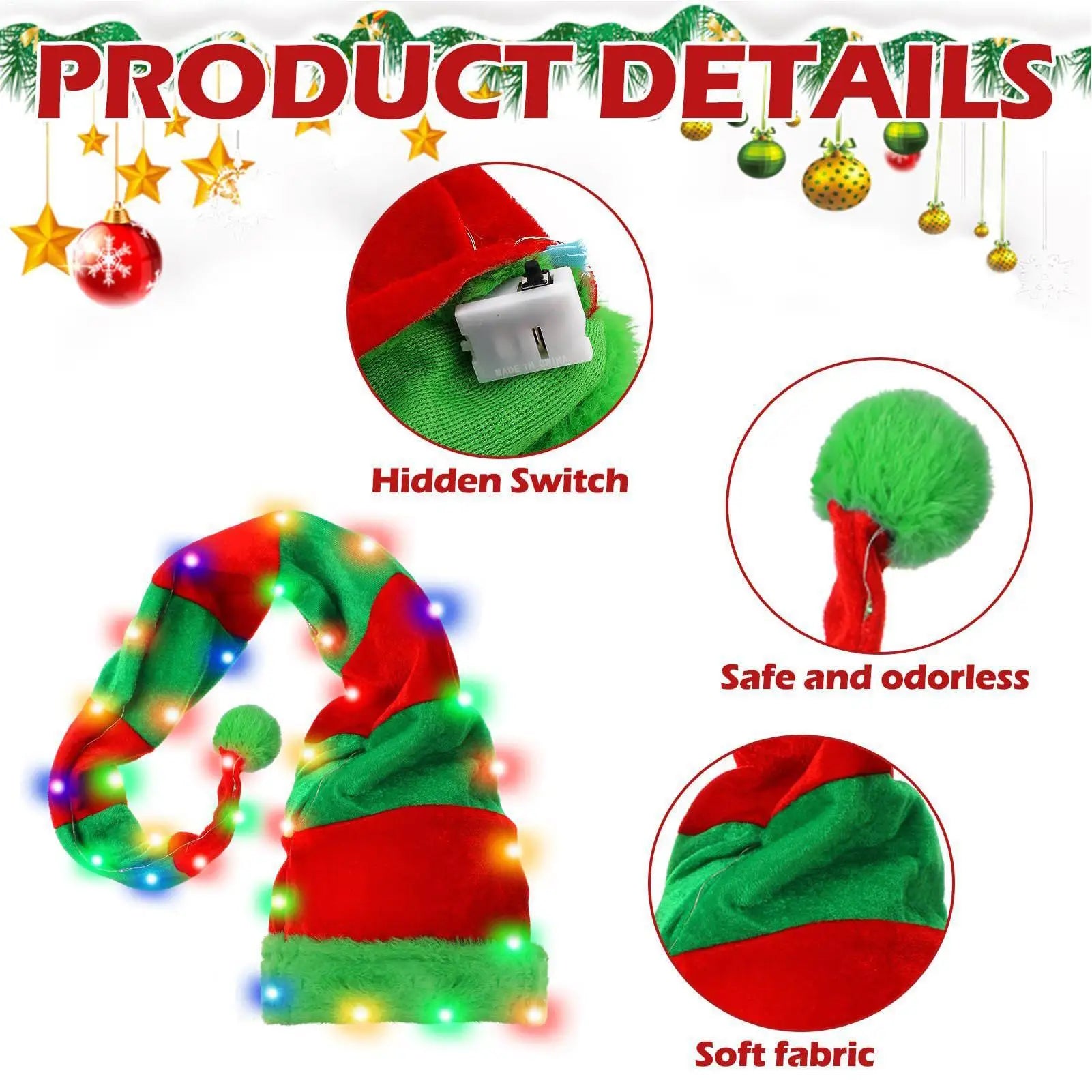 1pc Light Up Santa Hat Santa Hat Christmas Hat Striped Holiday Hat New Year Hat Photo Props Christmas supplies For Kids & Adults Qme