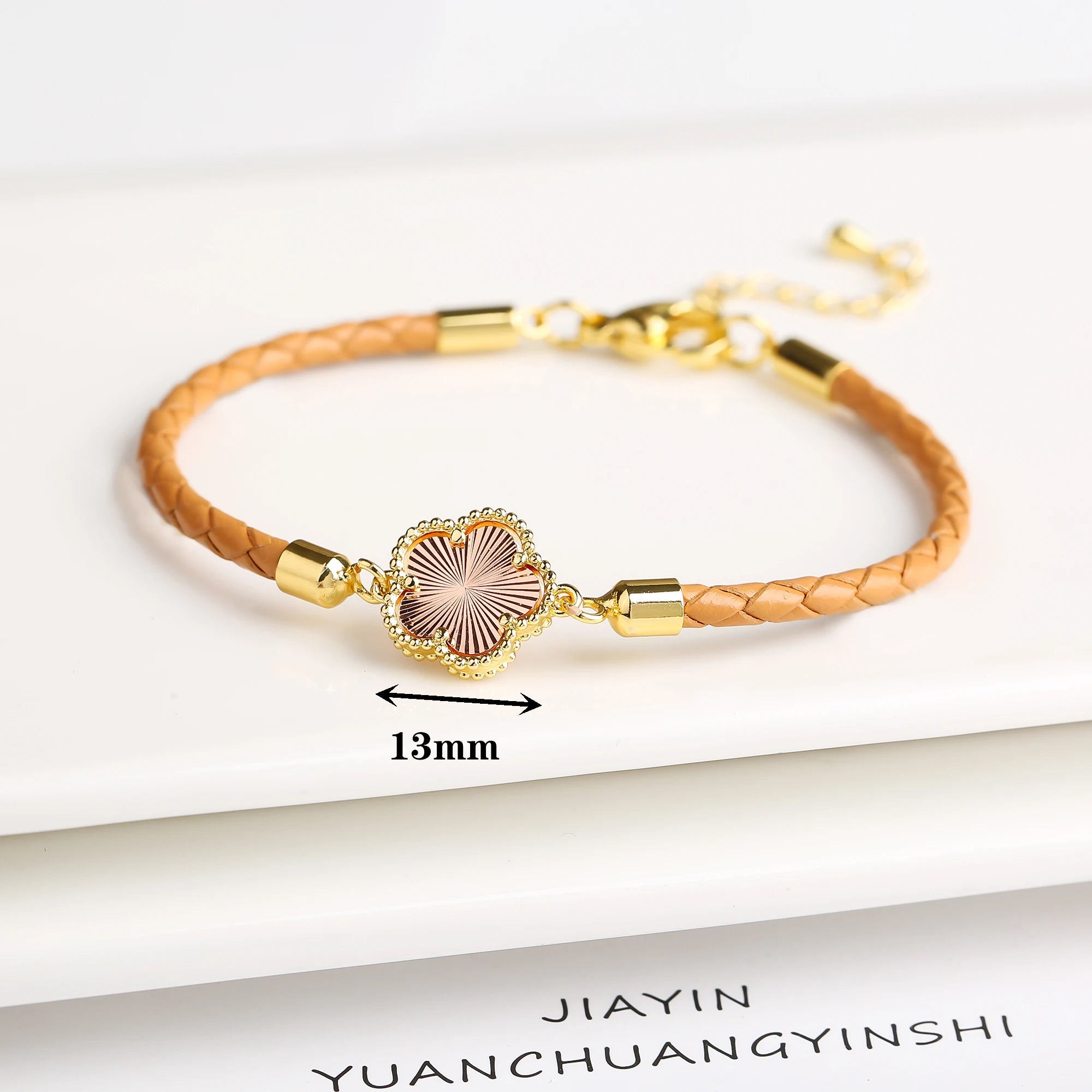 2024 Classic Shiny Zirconia Stone Five Leaf Flower Leather Braided