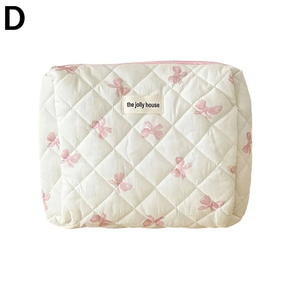Quilted Makeup Bag 3 Sizes Floral Toiletry Cosmetic Pouch Organizer Qme pink-M