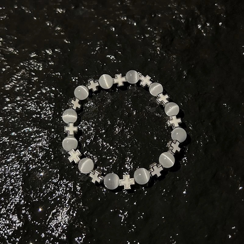 Fashion Cross Beaded Bracelets For Women Men Ins Style Cat's Eye Stone Couples Bracelets Qme