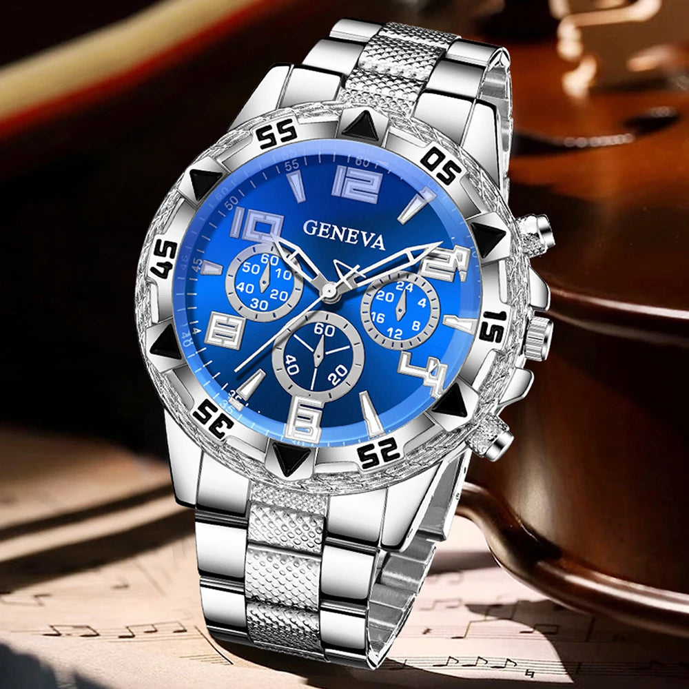 Geneva Three Eyes Blue Plate Men's Steel Belt Watch Blue and White Full Diamond Cuban Bracelet Two Piece Set, Qme