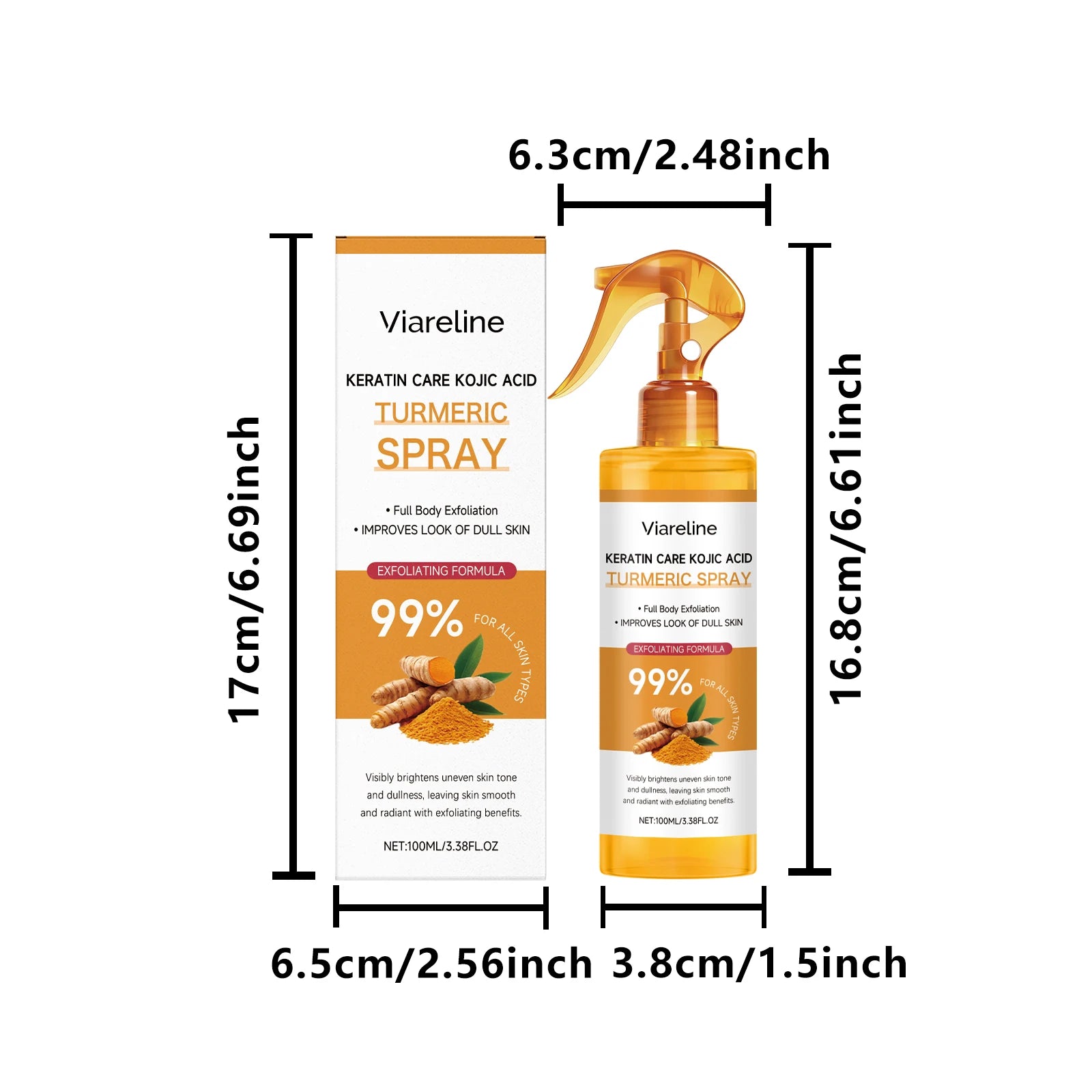 Viareline Kojic Acid Turmeric Spray Remove Dead Skin Brightening Body Exfoliant Uneven Skin Tone Keratin Care Moisturizing Spray Qme