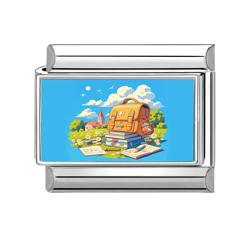 Blue Landscape Sky School Student Schoolbag City Italian Charms Fit 9mm Stainless Steel Women Fashion Bracelet DIY Jewelry Gifts Qme Style 6