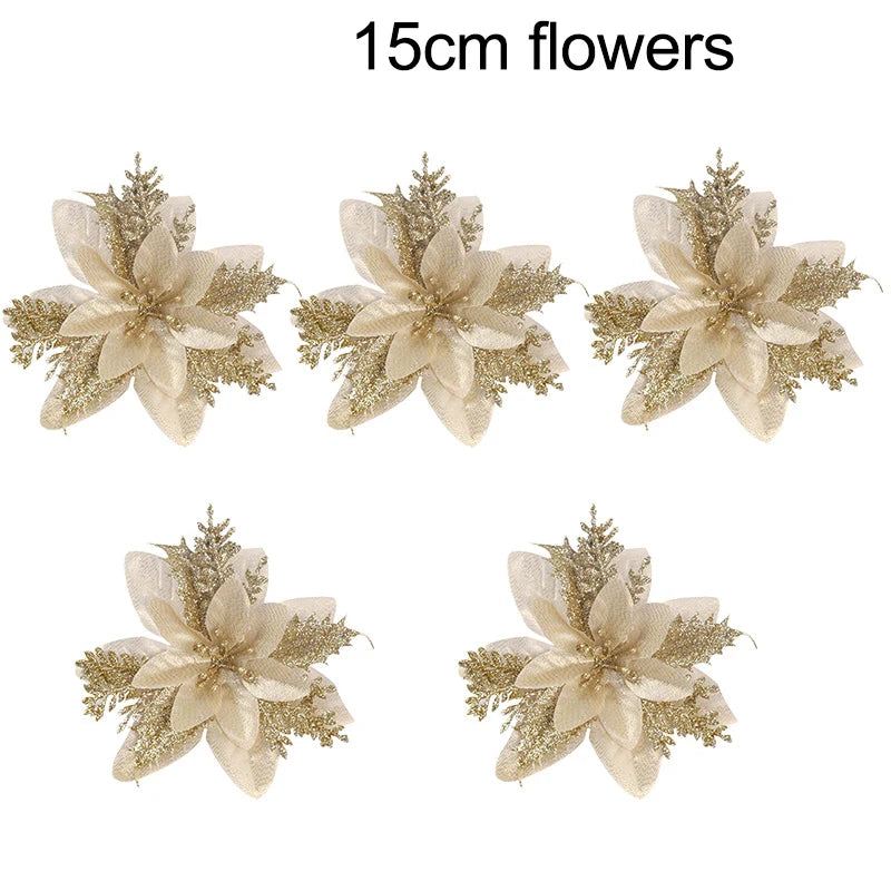 5-20pcs Sparkling Red Golden Silver Poinsettia Artificial Flowers Christmas Tree Ornaments for Xmas New Year party Decoration Qme GOLD 5pcs