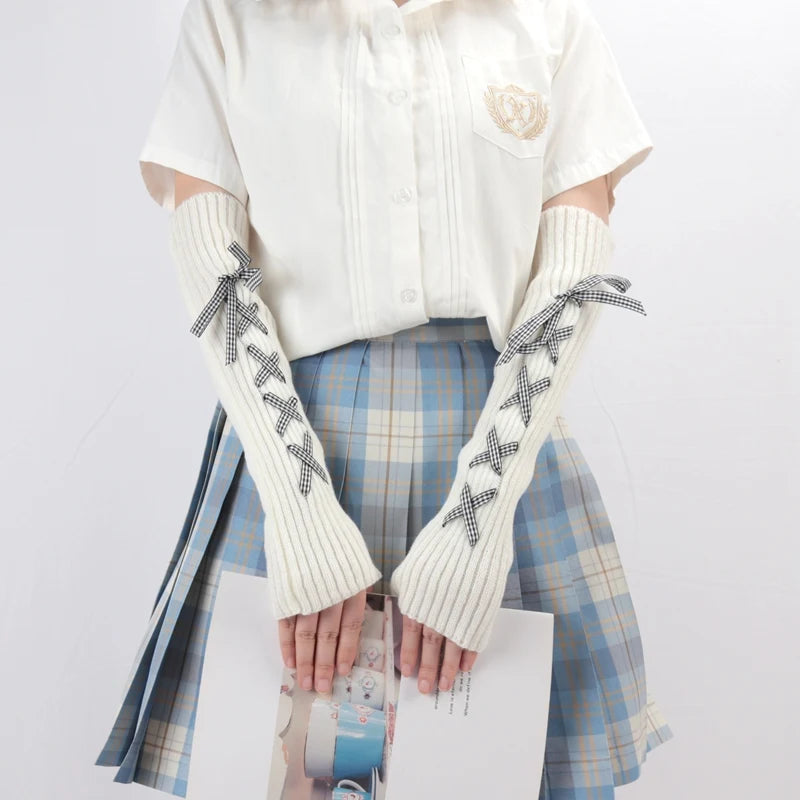 JK Girls Gloves Japanese Kawaii Lolita Fingerless Glove Elbow String Ribbon Ties Up Party Fingerless Gloves Harajuku Leg Warmers Qme GRAY