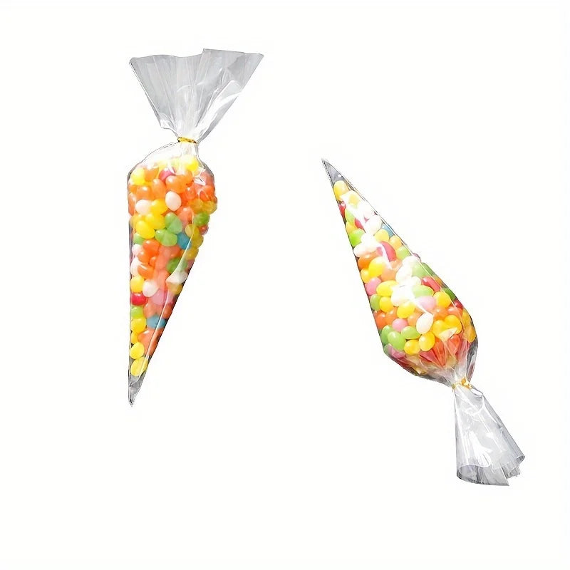 100pcs Golden Twist Ties Clear Treat Bags for DIY Snacks, Chocolates, Candy, Popcorn, Cookies - Perfect for Birthday Parties Qme