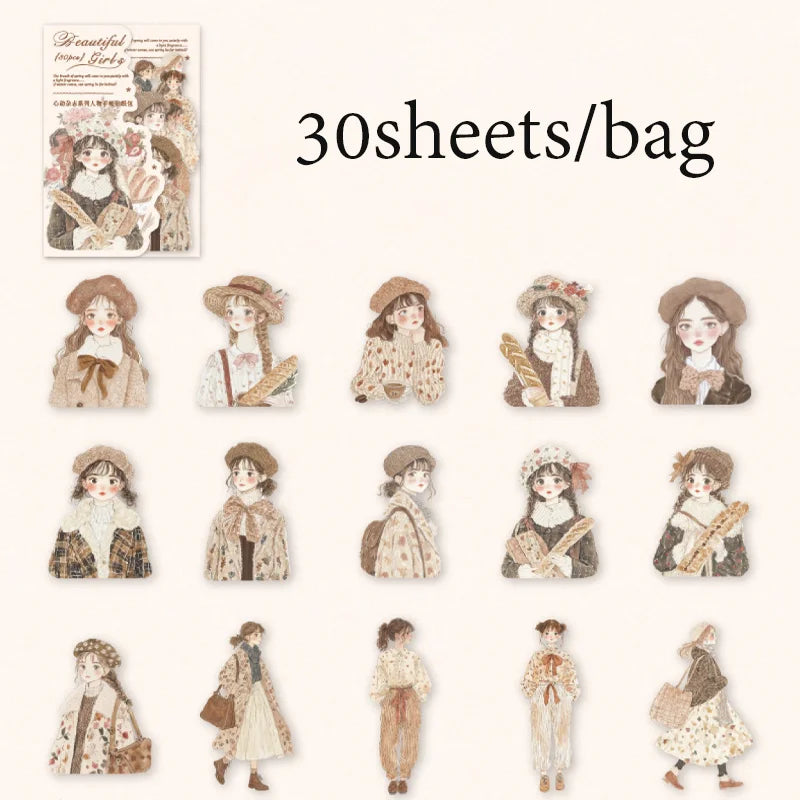 30 Sheets/Bag Korean Cute Girl PET Stickers Pack for Scrapbook Journal DIY Planner Phone Case Notebook Decoration Craft Gift Qme 5