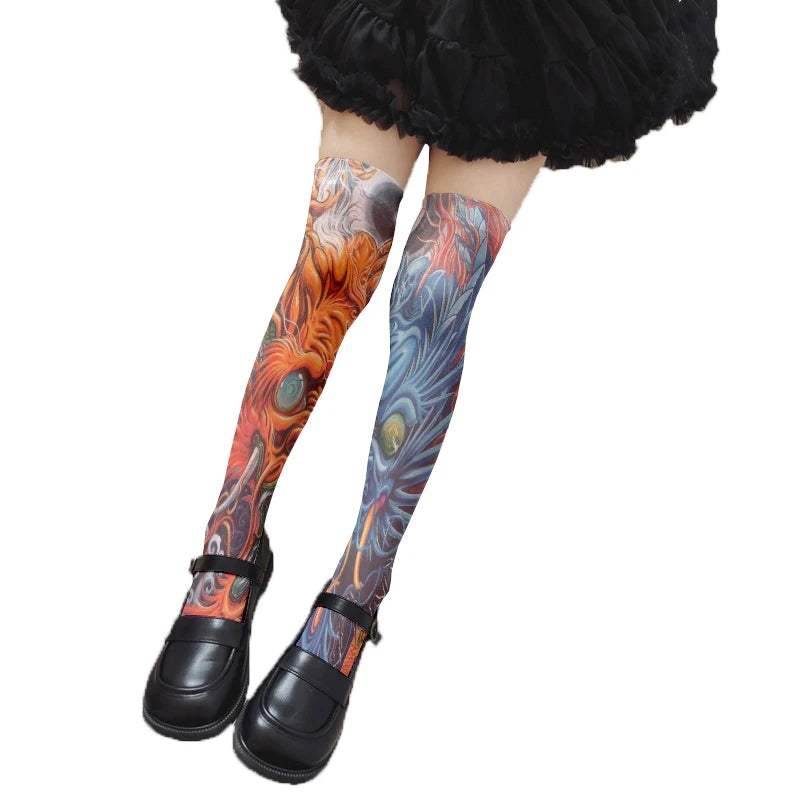 Women's Sexy Thigh-high Stockings Trend Tattoo Full Print Pattern 3D Qme style10 75CM