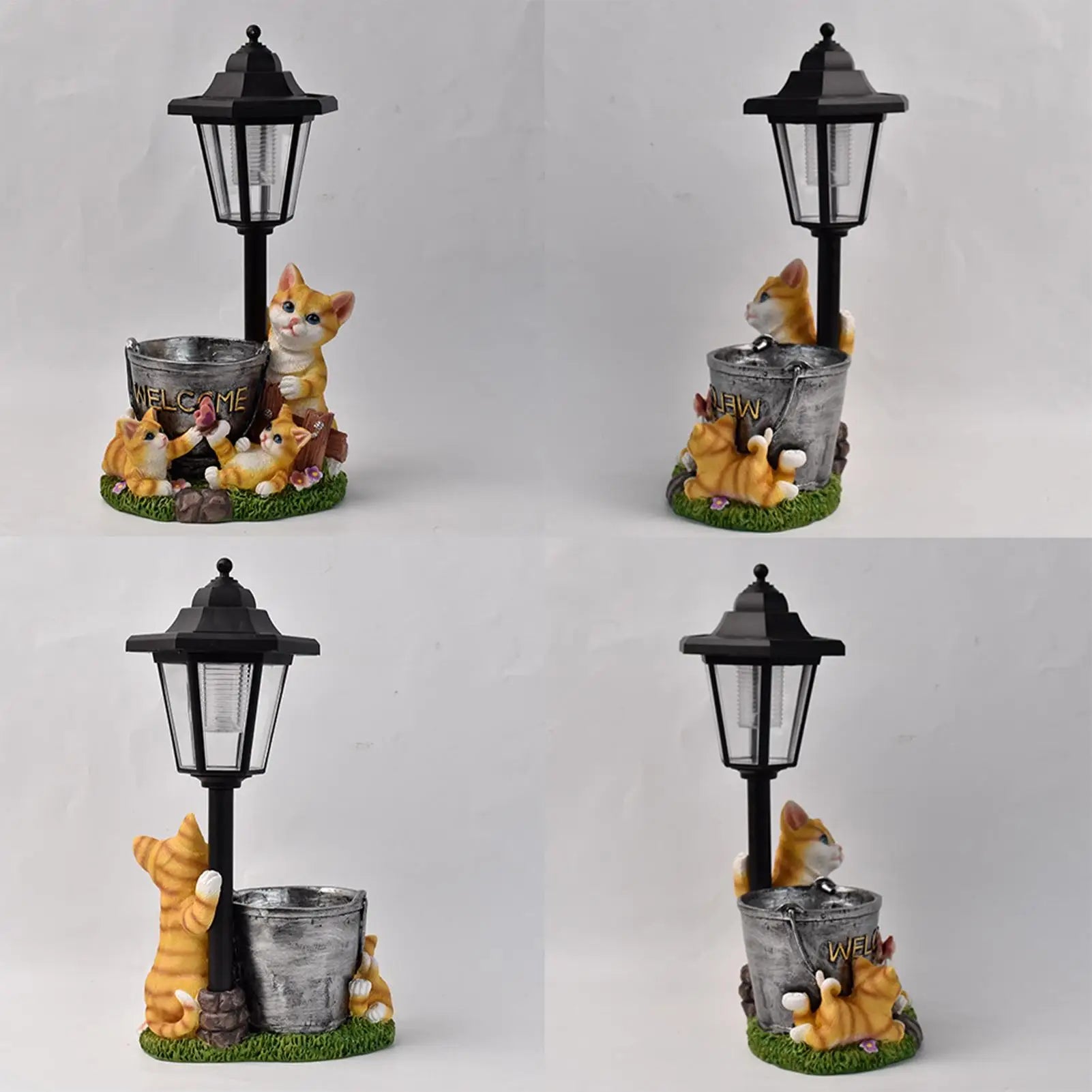 Solar Garden Statues Cat Figurine Welcome Planter Animal Sculpture Qme