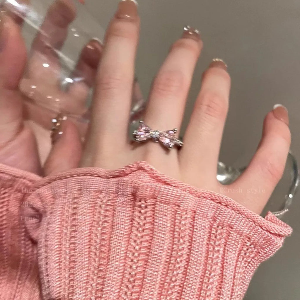 New Arrived Sweet Romantic Lovely Pink Bowknot Design Female Exquisite Jewelry Ring Micro Bow Tie Zircon for Party and Dating Qme