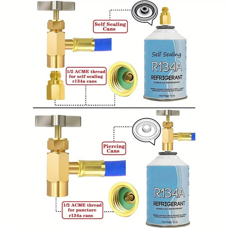 R134A Air-conditioning Freon Refrigerant Charge Hose Kit with Bullet Piercing Valve Hose Refrigerant Tap Adapter Car Accessories Qme