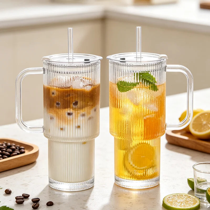Vertical Striped Glass Cup With Handle Lid Straw Large Clear Tumbler Iced Coffee Tea Juice Cup Summer Portable Drinking Mug Qme