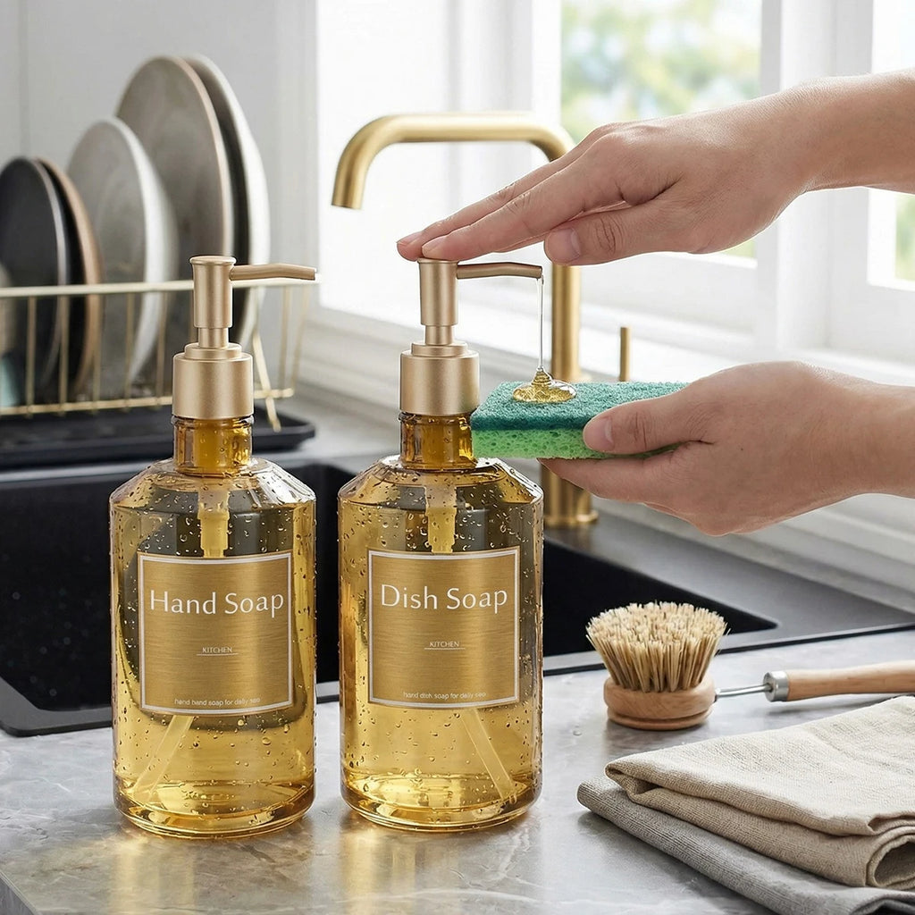 2PCS/SET Kitchen Counter Hand Soap Dispenser, Refillable Dish Soap Bottles with Gold Labels, 500ML/16.9OZ Reusble Pump Bottle Qme