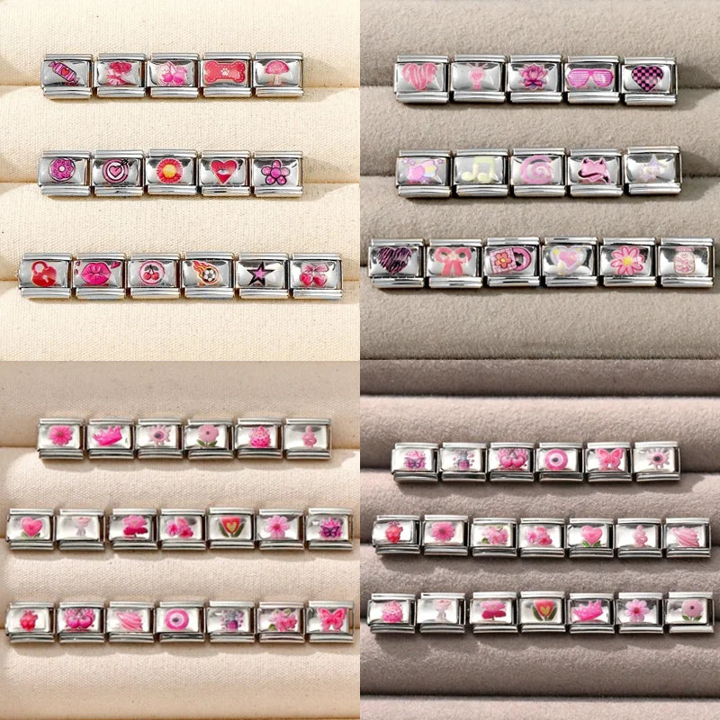 Wholesale Fashion Pink Love Heart Butterfly Planet Dice Cherry Italian Charm Links Fit 9MM Stainless Steel Bracelet DIY Making Qme