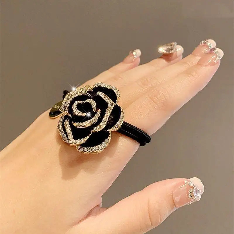 Women's High-end Tail Hair Bands Black Elasticity Tea Floral Ties Qme
