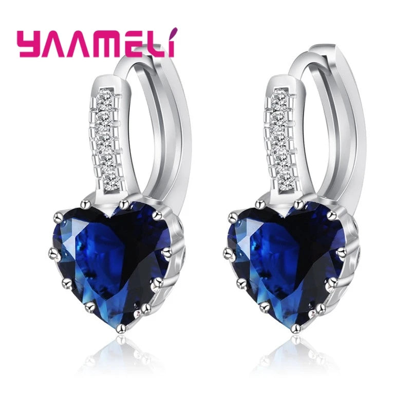 Big Sale 925 Sterling Silver Color Loop Hoop Earrings Candy Cubic Zircon Charms Women Jewelry Wedding Accessory Brincos Qme Dark blue heart