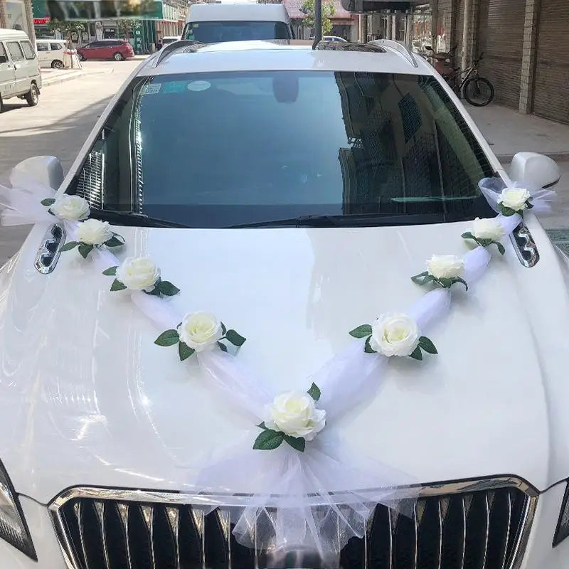 White Rose Artificial Flower for Wedding Car Decoration Bridal Car Decorations Door Handle Ribbons Silk Flower Qme