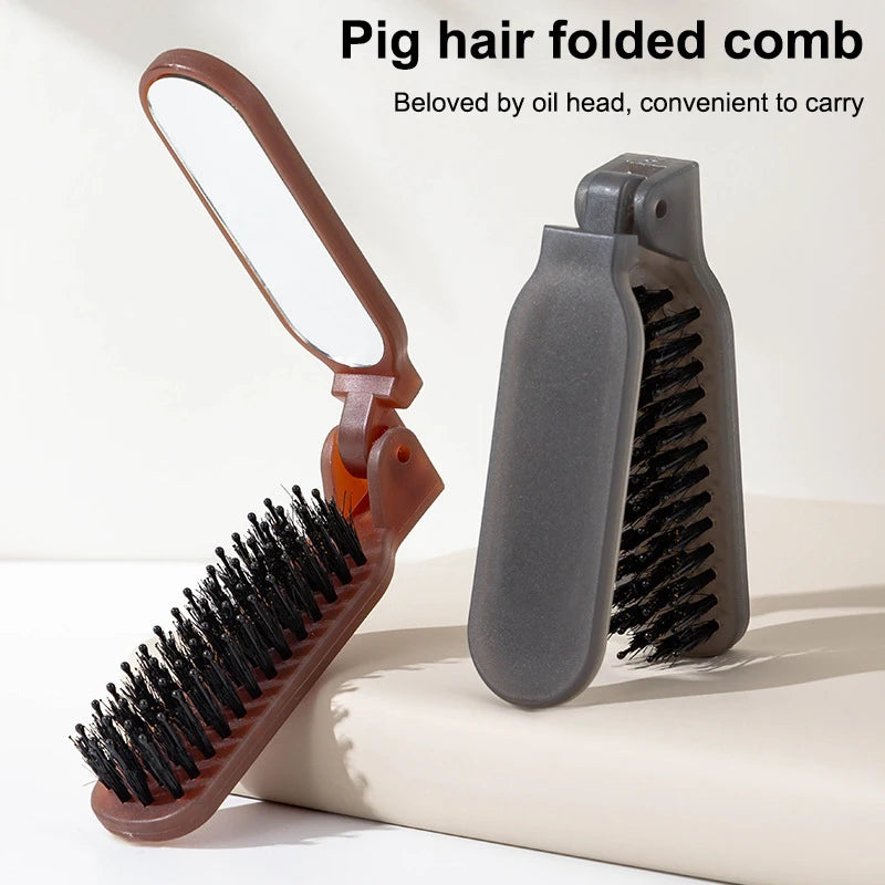 Mane Bristle Hair Brush Salon Foldable Portable Comb Mirror Pocket Qme