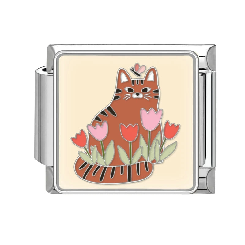 Fashion Colorful Cat Tulip Daisy Flowers Heart Charm Italian Links