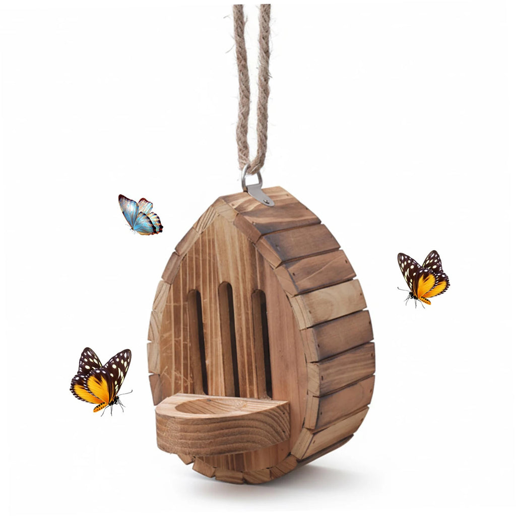 Wood Butterflies Houses with Rope Wooden Butterfly Habitat & Feeder 2In1 Hangable Decorative Nesting Box for Moths Bee Insect Qme