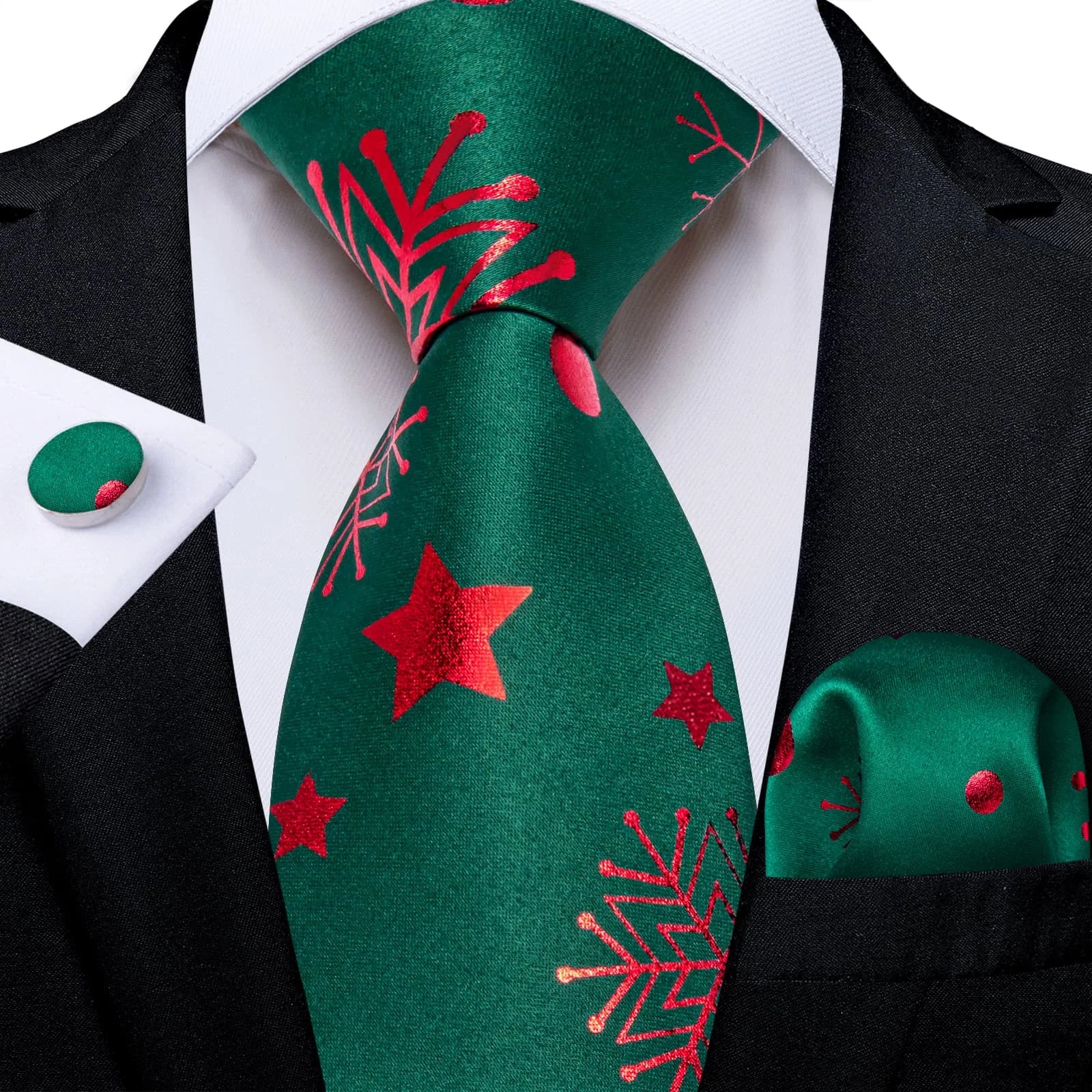 Christmas Green Tie Set 3 Pieces Men Necktie Pocket Square Cufflinks Xmas Wedding Party Suit Accessories Gifts for Dad Boyfriend Qme DG-LDSN8730
