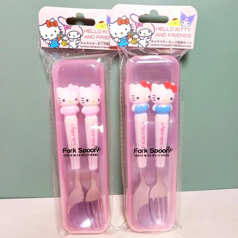 Hello Kitty Cartoon Children's Tableware Spoon Portable Two-Piece Set for Students Stainless Steel Fork and Spoon Set Qme