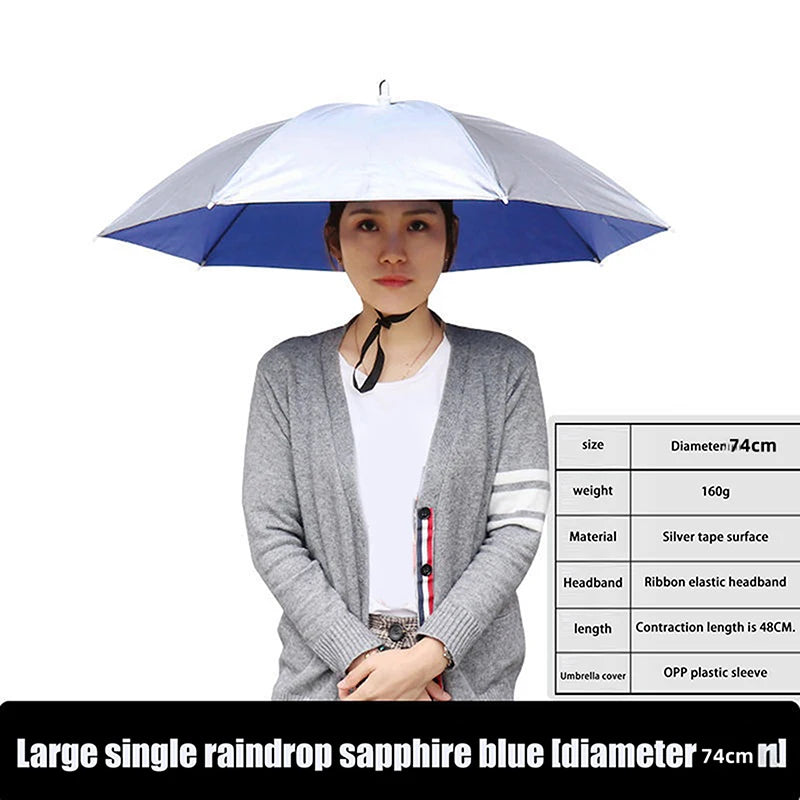 Anti-rain Headwear Brolly Cap Head Umbrella Elastic Band Waterproof Qme 77CM Silver