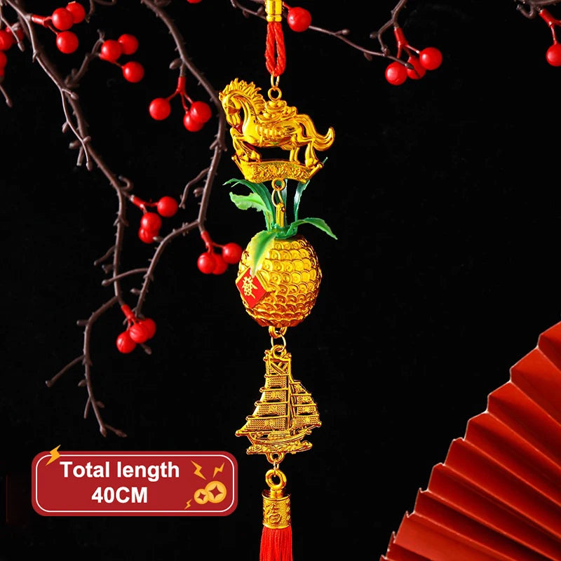 Chinese Year 2026 Celebration Decor Horse Red Gold Pineapple Hanging Qme A4